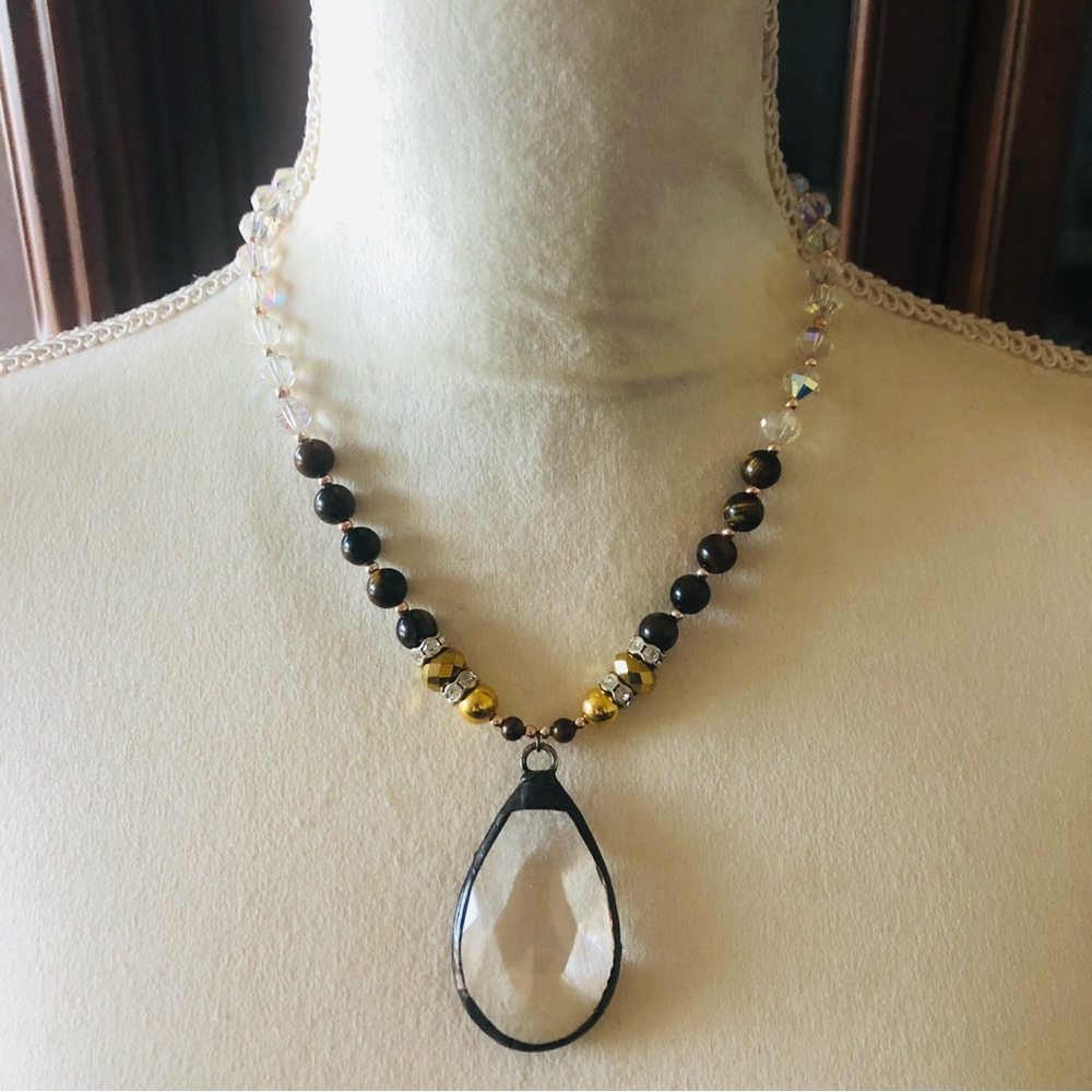 Handcrafted solder glass stone pendant tiger eye aura quartz necklace